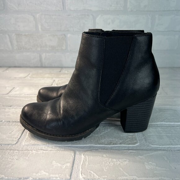 Clarks Ankle Boots Women 7.5 Black Leather Zip Side Booties Stacked Heel Stretch - Picture 5 of 13